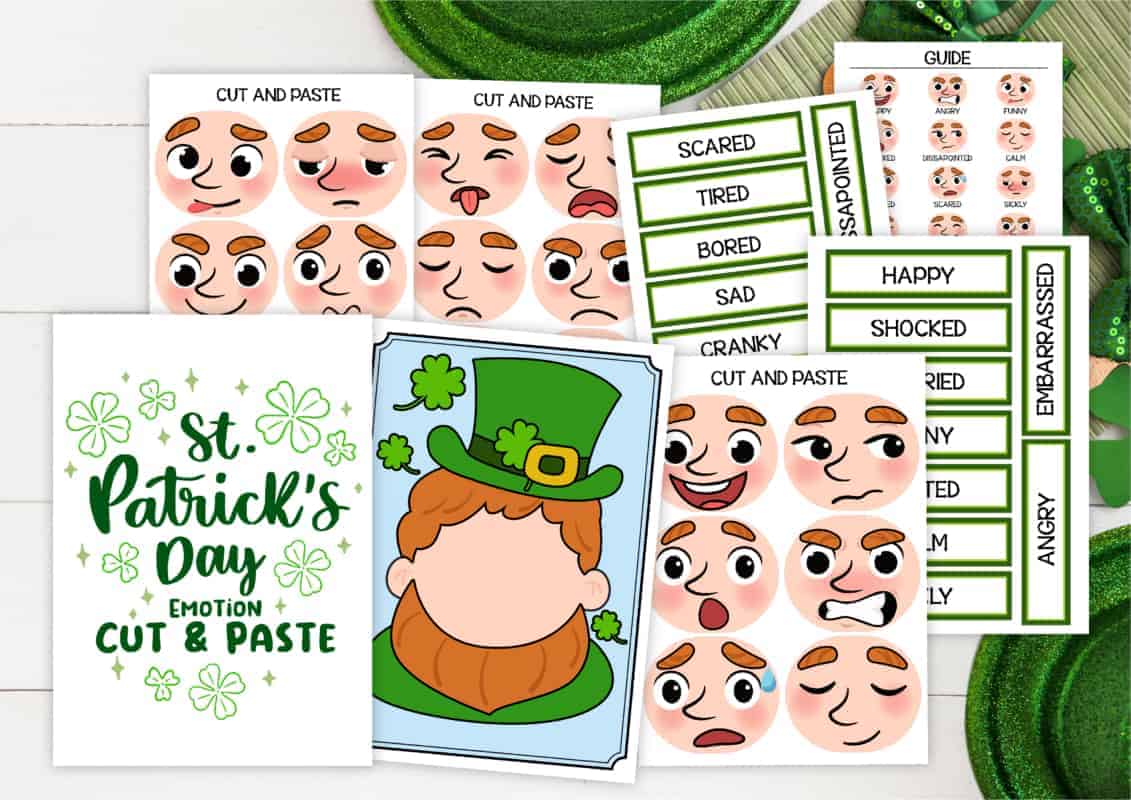 Enjoy a leprechaun-themed, st. Patrick's day cut-and-paste activity focused on emotions. This free pdf includes facial expressions and emotion labels like "scared," "tired," and "happy," perfect for learning and creativity!.