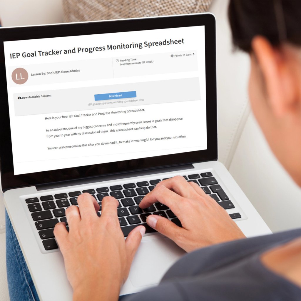 A person types on a laptop showing an "iep goal tracking and progress monitoring" page, complete with download options for a free spreadsheet.
