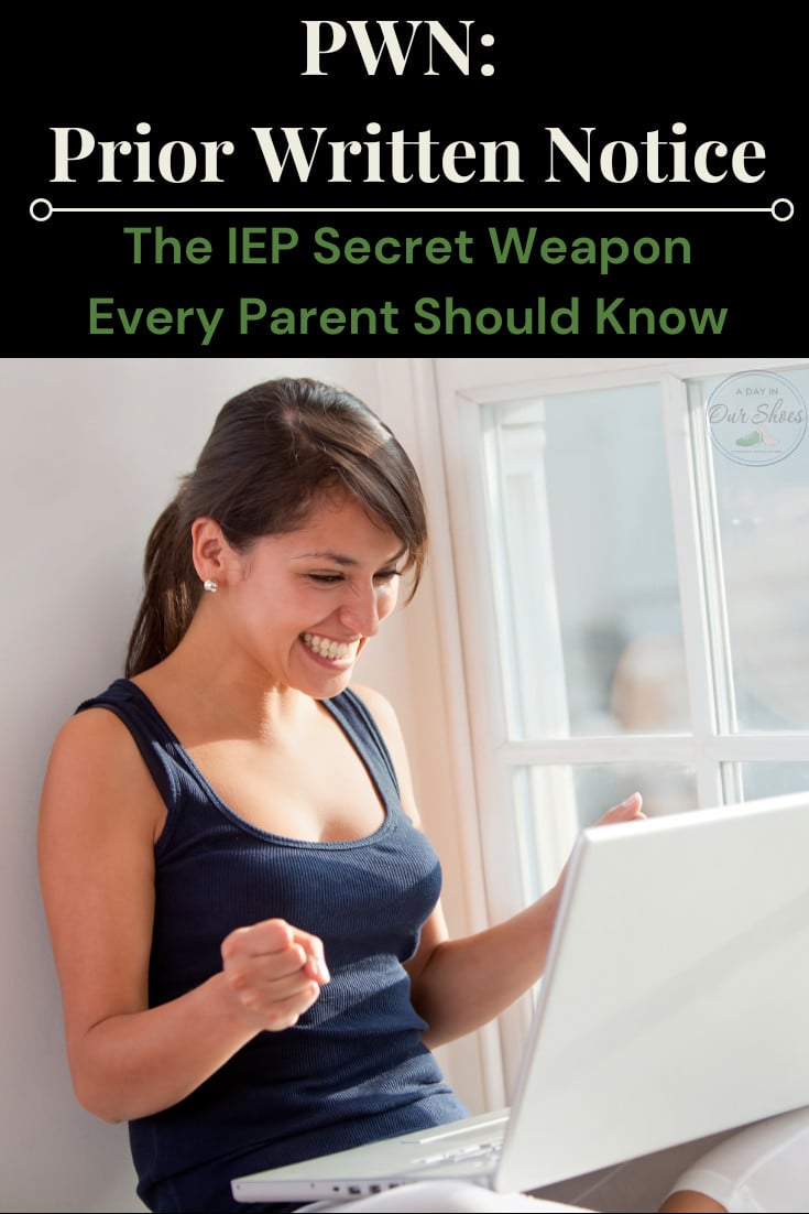 A woman smiling at a laptop. Text above reads, "the iep secret weapon: unlocking success with prior written notice every parent should know.