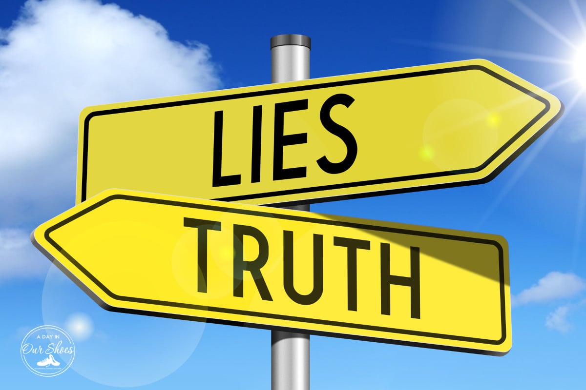Two yellow directional signs under a blue sky, one pointing left labeled "lies," and the other pointing right labeled "truth.