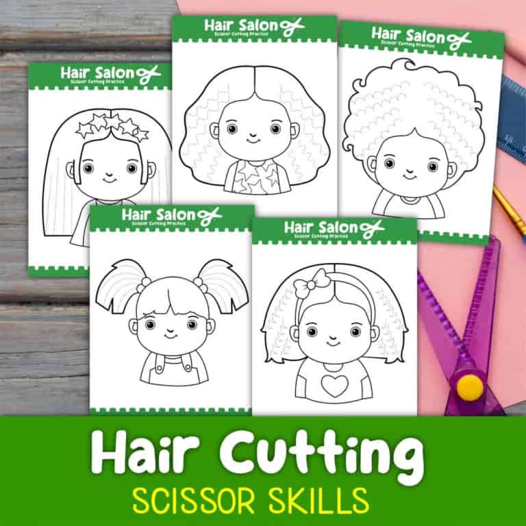 Printable hair cutting scissor skills worksheets for kids.