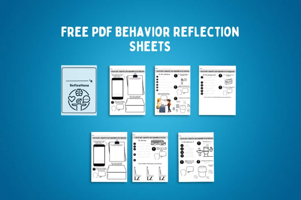 A set of seven pdf behavior reflection sheets displayed on a blue background with the title "free printable student reflection sheets" at the top.