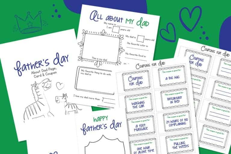 A set of printable father’s day activity sheets, cards, and coupons featuring simple illustrations, fill-in-the-blank prompts, and spaces for personalized messages.
