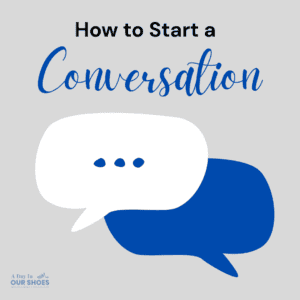 Two overlapping speech bubbles, one white and one blue, with ellipsis in the white bubble. Text above reads "how to start a conversation," offering simple conversation tips. Logo appears in the lower left corner.