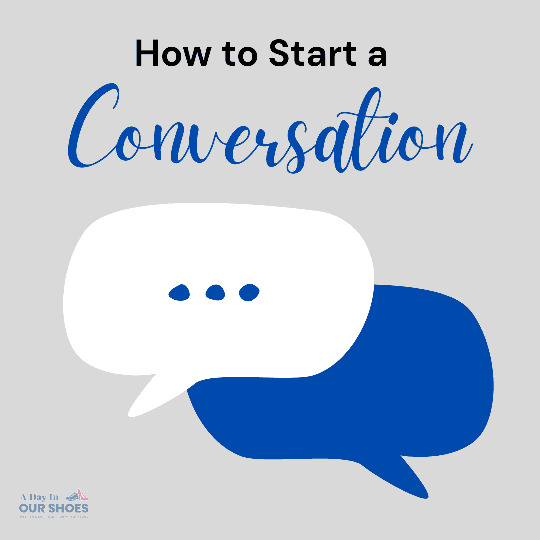 Two overlapping speech bubbles, one white and one blue, with ellipsis in the white bubble. Text above reads "how to start a conversation," offering simple conversation tips. Logo appears in the lower left corner.