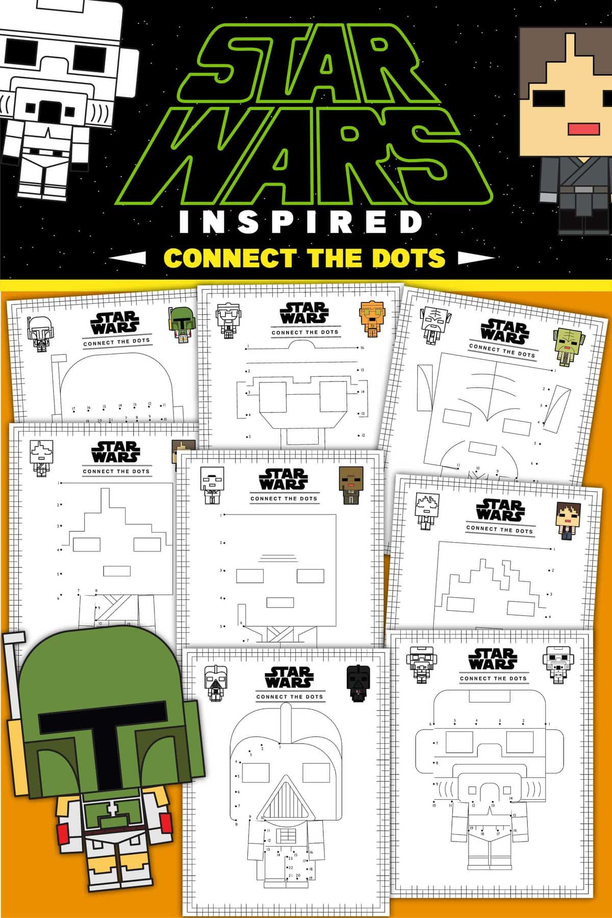 A set of star wars-inspired connect-the-dots activity sheets featuring various character outlines and pixel art figures on each page.