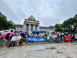 A crowd holding signs and umbrellas gathers on the steps of a government building under cloudy skies, with a prominent blue banner reading “fund public schools,” demonstrating state level advocacy tips in action.
