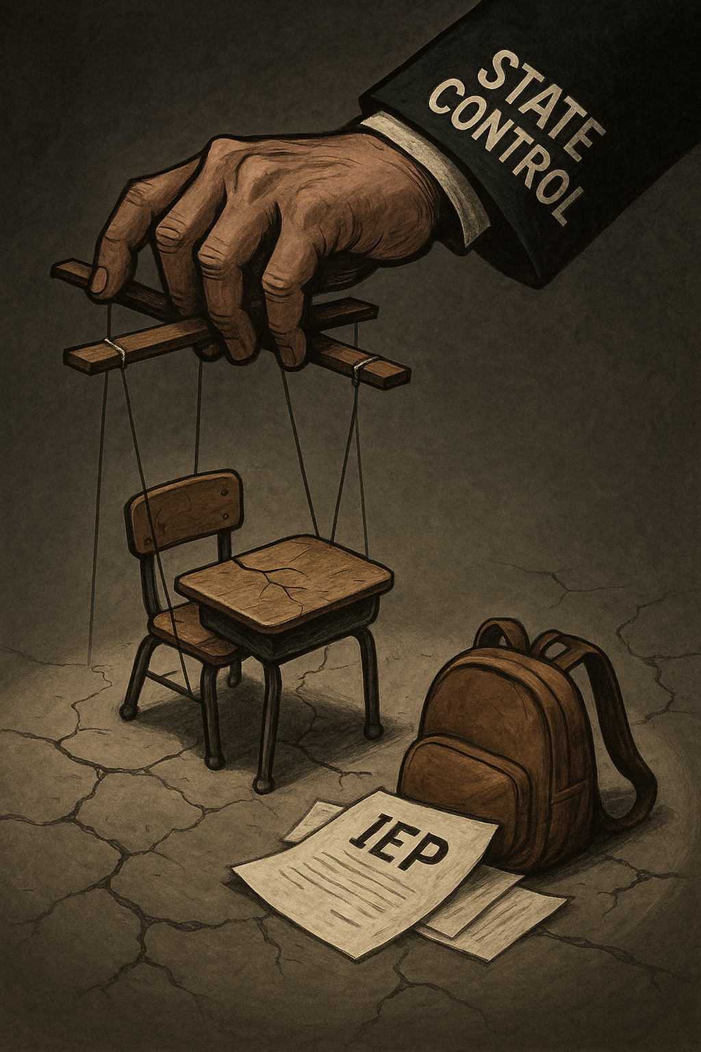 An oversized hand labeled "state control" manipulates a student desk like a puppet, with a backpack and an iep document on the cracked ground nearby—symbolizing the impact of the trump fy2026 education budget.