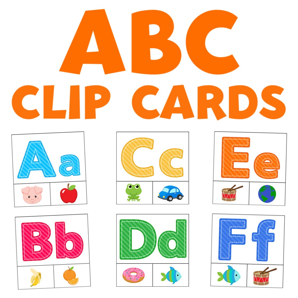 The image features abc clip cards with colorful letters and matching images for a-f, such as apple, cat, drum, and frog—perfect for early letter recognition activities.