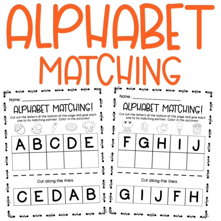 Printable alphabet matching worksheet featuring a bold "alphabet matching" title and two activity sheets with uppercase letters in boxes, plus fun instructions to match and color each letter partner.