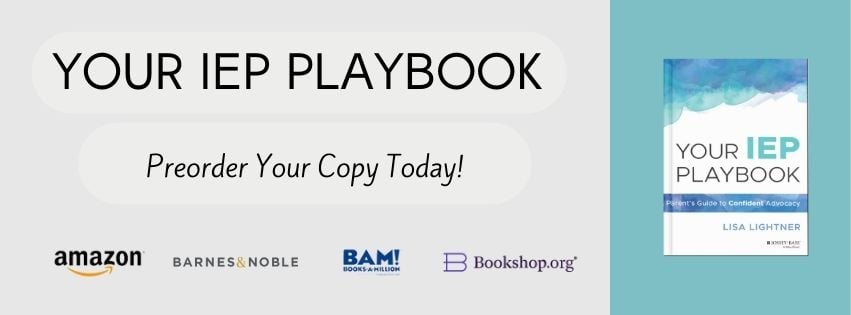 Banner advertising the book "Your IEP Playbook" by Lisa Lightner, with preorder options at Amazon, Barnes & Noble, BAM!, and Bookshop.org.