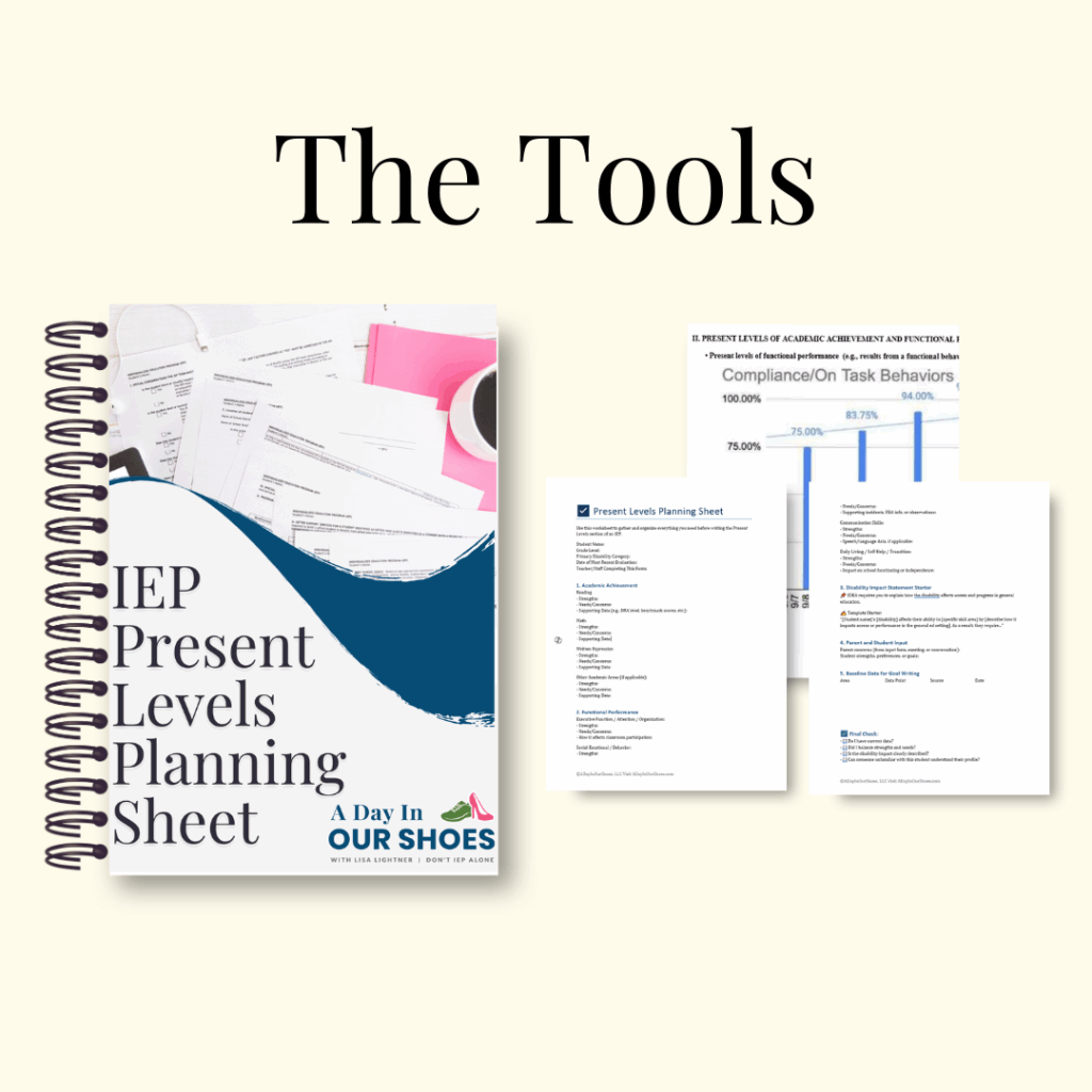 A spiral-bound booklet labeled "iep present levels planning sheet" next to printed documents with charts and text, under the heading "the tools.