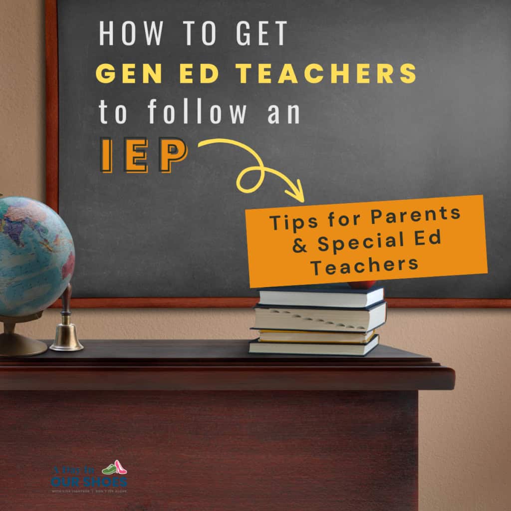 A chalkboard displays "get gen ed teachers to follow the iep," with a stack of books and a globe on a desk below. A note reads, "tips for parents & special ed teachers.
