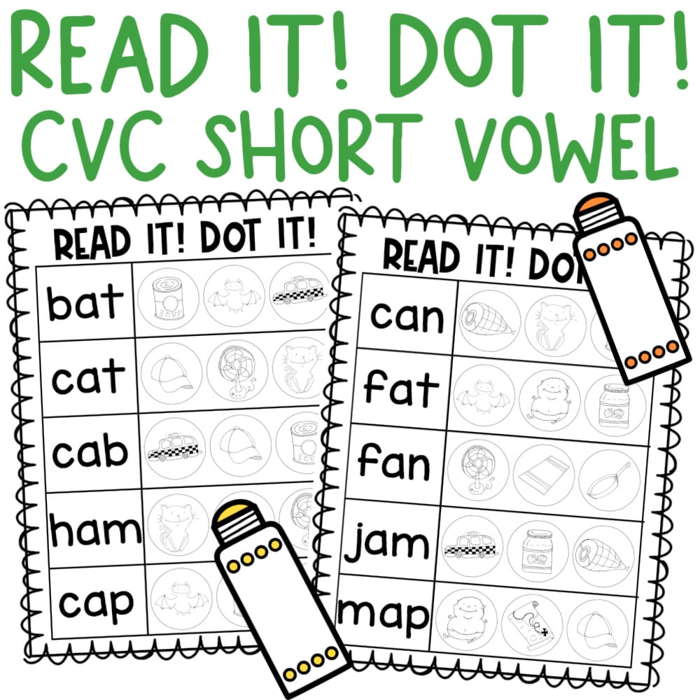 Two worksheets titled "read it! Dot it! Cvc short vowel" feature cvc short vowel words with matching images; bingo markers are displayed beside each worksheet.