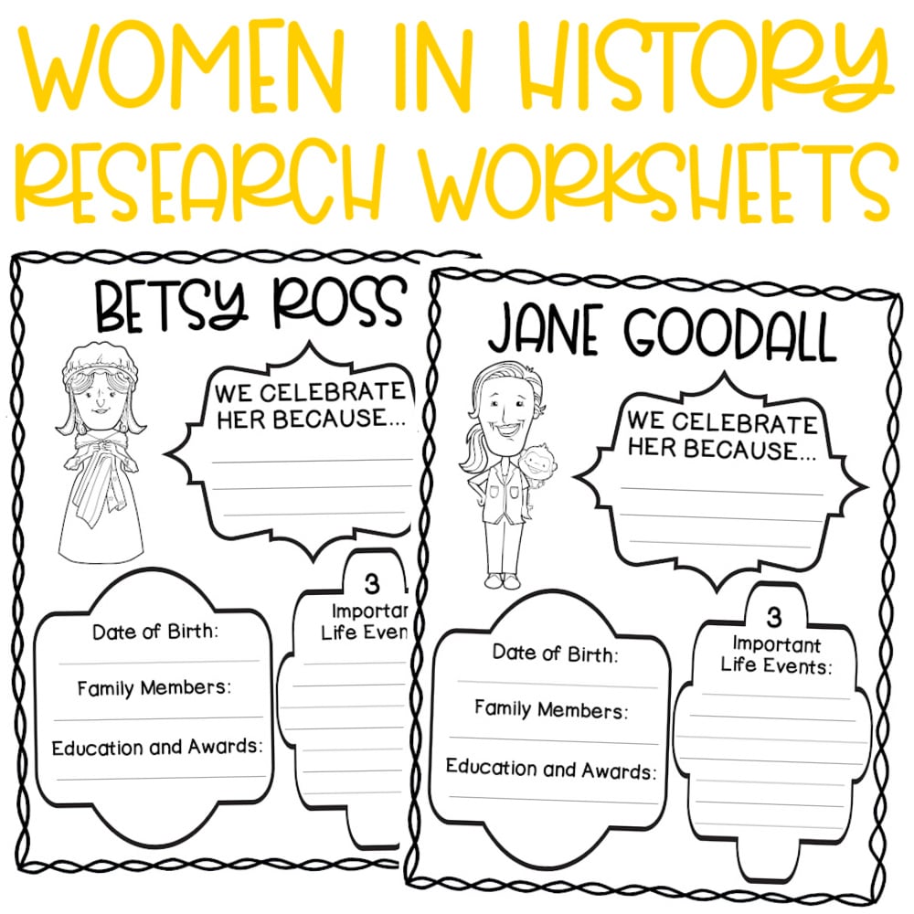 Two printable women in history worksheets for students featuring betsy ross and jane goodall, with sections for biography details and important life events.