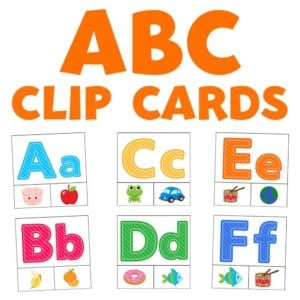 Abc clip cards for alphabet learning with colorful images and letters.