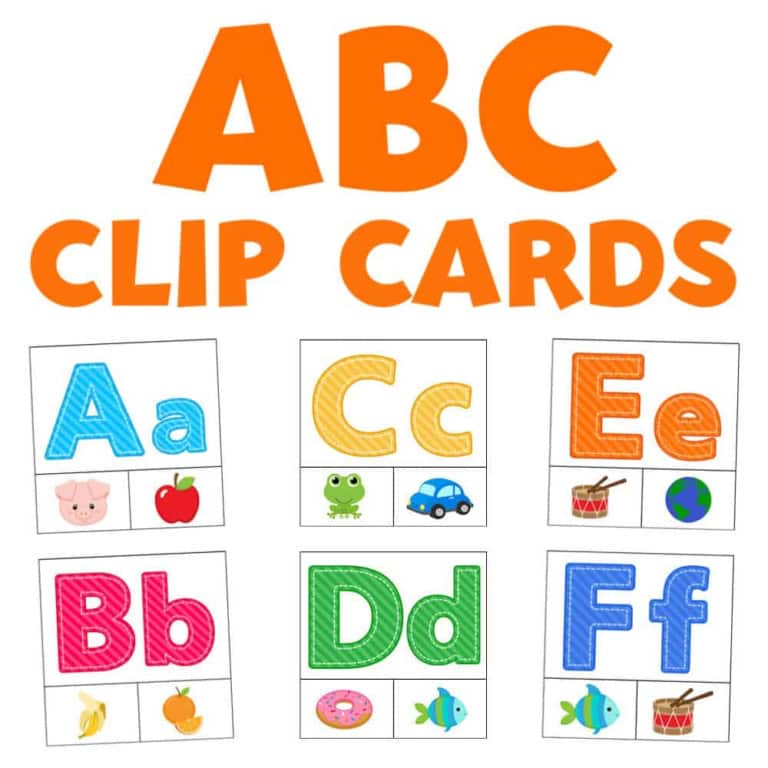 Abc clip cards for alphabet learning with colorful images and letters.