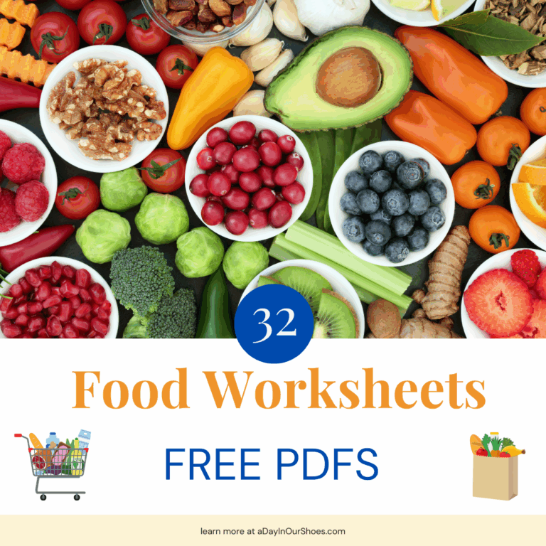 Assorted fresh fruits, vegetables, and nuts surround text that reads "32 food worksheets, free pdfs," highlighting engaging food worksheets. Small grocery cart and bag icons are featured. Website: adayinourshoes. Com.