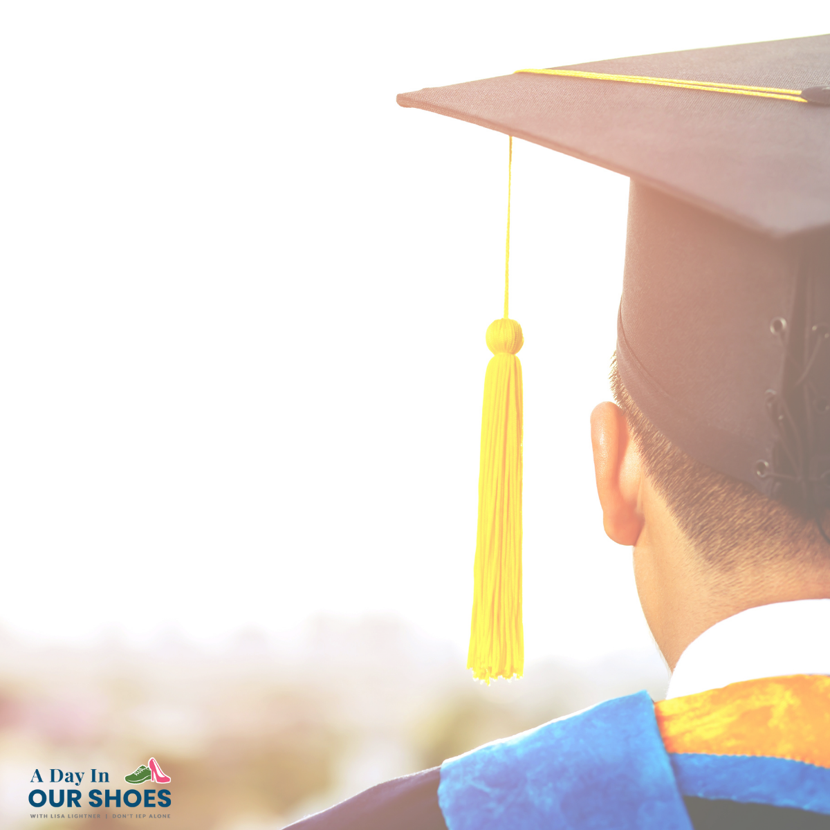 A graduate wearing a cap and gown is shown from behind, with a yellow tassel hanging from the cap. The bright, blurred background highlights hope for scholarships for iep students pursuing their dreams.