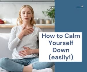 Woman practicing mindfulness and breathing exercises at home for relaxation.