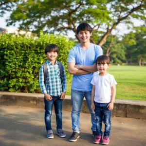Three children of different ages waiting together at a school bus stop, representing executive functioning development across ages