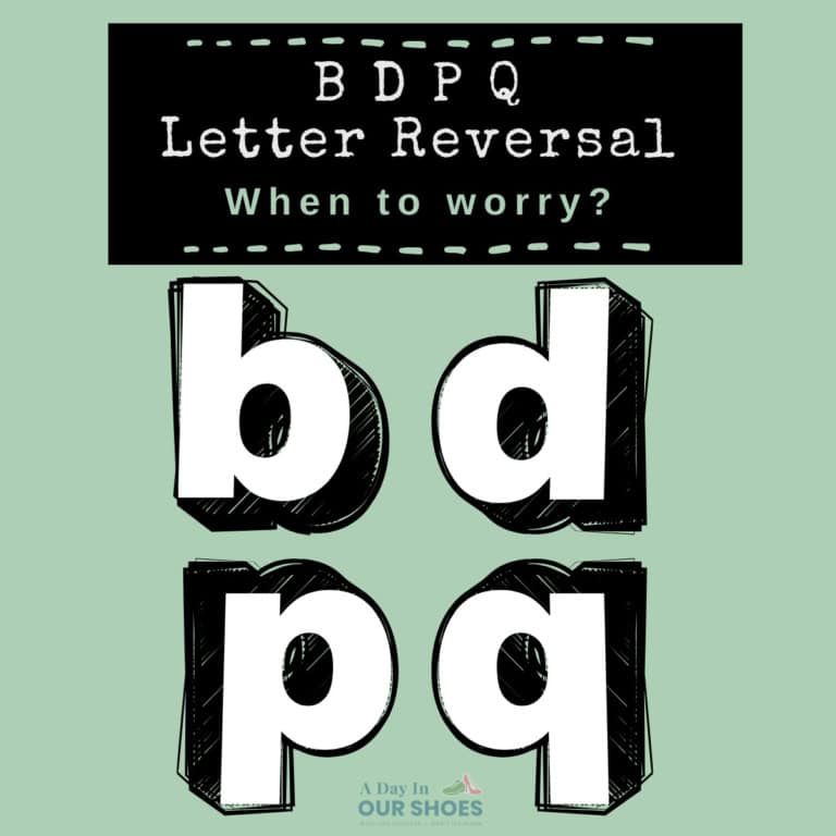 The image shows bold, stylized lowercase letters b, d, p, and q, with the text "bdpq letter reversal: when to worry? " above them on a green background, highlighting letter reversal as a common part of child writing development.