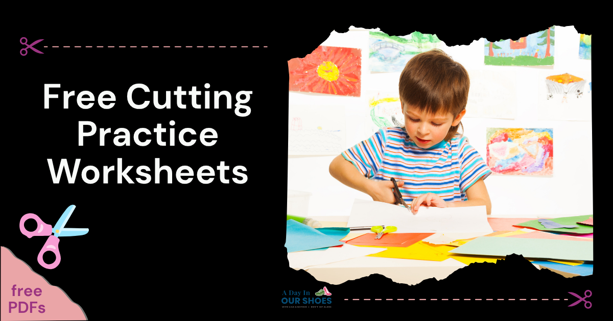 Young child uses scissors to cut paper at a table covered with colorful sheets, alongside text promoting free cutting practice worksheets and downloadable free worksheets pdf.