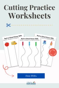 Three printable cutting practice worksheets for kids with dotted lines to cut, featuring school-themed images; text reads "cutting practice worksheets" and "free worksheets pdf.