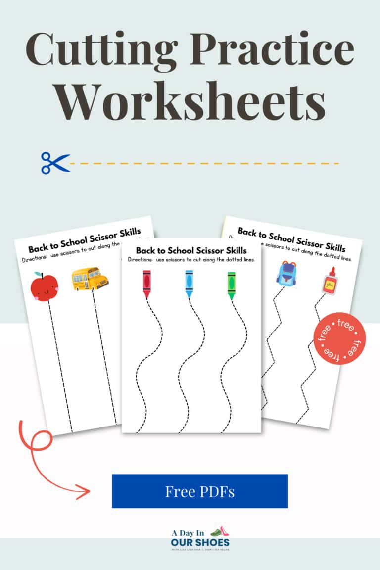 Three printable cutting practice worksheets for kids with dotted lines to cut, featuring school-themed images; text reads "cutting practice worksheets" and "free worksheets pdf.