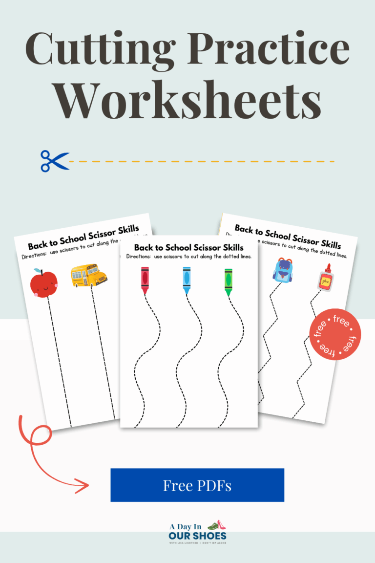 Three printable cutting practice worksheets for kids with dotted lines to cut, featuring school-themed images; text reads "cutting practice worksheets" and "free worksheets pdf.