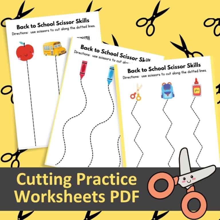Back to school scissor skills worksheets for kids with fun illustrations and dotted lines.