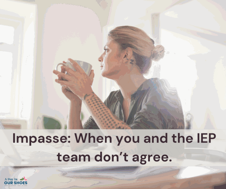 A woman sits at a desk holding a cup, looking away thoughtfully. Text reads: "impasse: when you and the iep team don’t agree—finding ways to keep moving forward in special education.