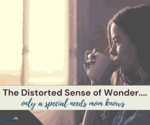 A woman sits by a window drinking from a mug. Text on image reads: "the distorted sense of wonder... Only a special needs mom knows.