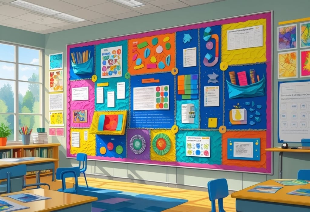 A classroom with desks and chairs features a large, colorful bulletin board showcasing student artwork, educational charts, and papers—an inspiring example of unique bulletin board ideas on a bright wall.