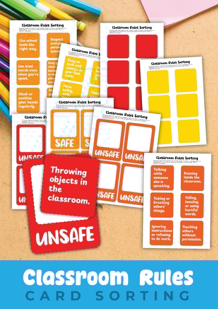 Classroom rules card sorting activity featuring "safe" and "unsafe" behaviors, helping students learn classroom guidelines. Cards are displayed on a desk with colored pencils for engaging classroom management.