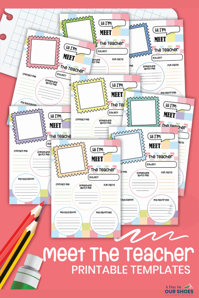 A collection of colorful meet the teacher templates arranged on a pink background with pencils, paper, and paint at the bottom—perfect free pdfs to get started for back-to-school events.