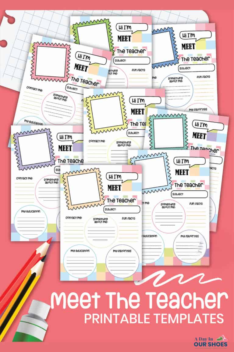 A collection of colorful meet the teacher templates arranged on a pink background with pencils, paper, and paint at the bottom—perfect free pdfs to get started for back-to-school events.