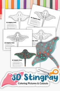 Five 3d stingray coloring pages and a colored cutout are displayed with colored pencils above, and a "3d stingray coloring pictures & cutouts" label at the bottom—discover fun stingray pictures with free pdfs to print.
