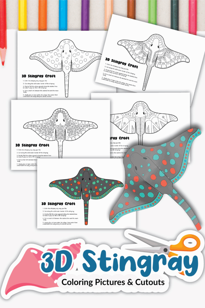 Five 3d stingray coloring pages and a colored cutout are displayed with colored pencils above, and a "3d stingray coloring pictures & cutouts" label at the bottom—discover fun stingray pictures with free pdfs to print.