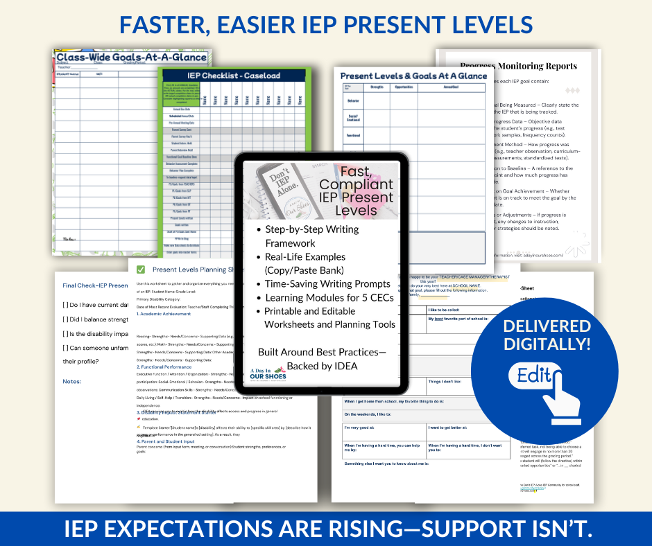 A digital toolkit for iep present levels, featuring checklists, goal planning sheets, progress monitoring forms, and editing options, designed to support efficient iep documentation.