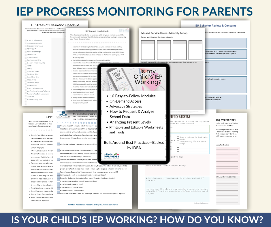A collection of iep progress monitoring worksheets and checklists for parents, with a central page titled "is my child's iep working? " and related educational documents.