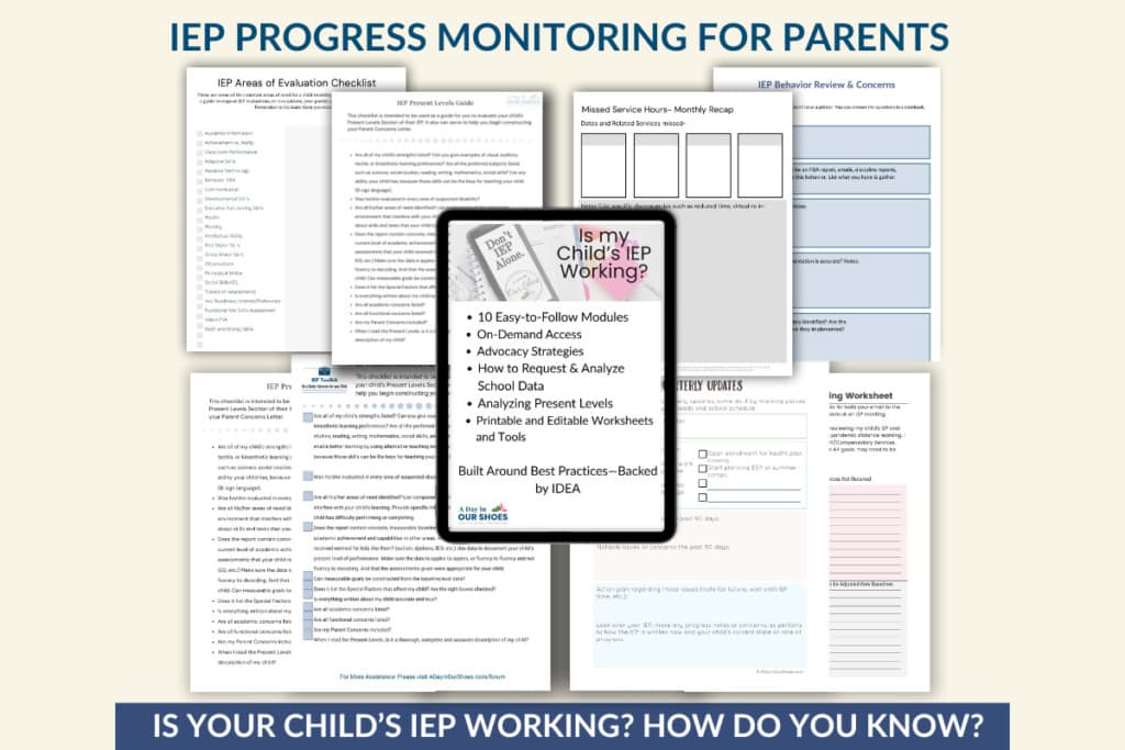 A collection of printed IEP progress monitoring forms and checklists for IEP parents in special education, including a central flyer titled "Is My Child’s IEP Working?" and various worksheets in the background. Perfect to review before school starts.