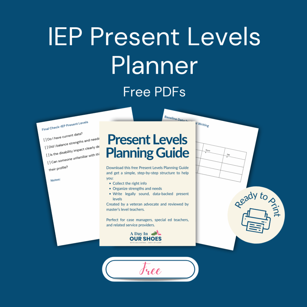 Image featuring the iep present levels planner, offering free pdf planning guides and worksheets designed for case managers and special education teams. Includes a "ready to print" badge for easy use.