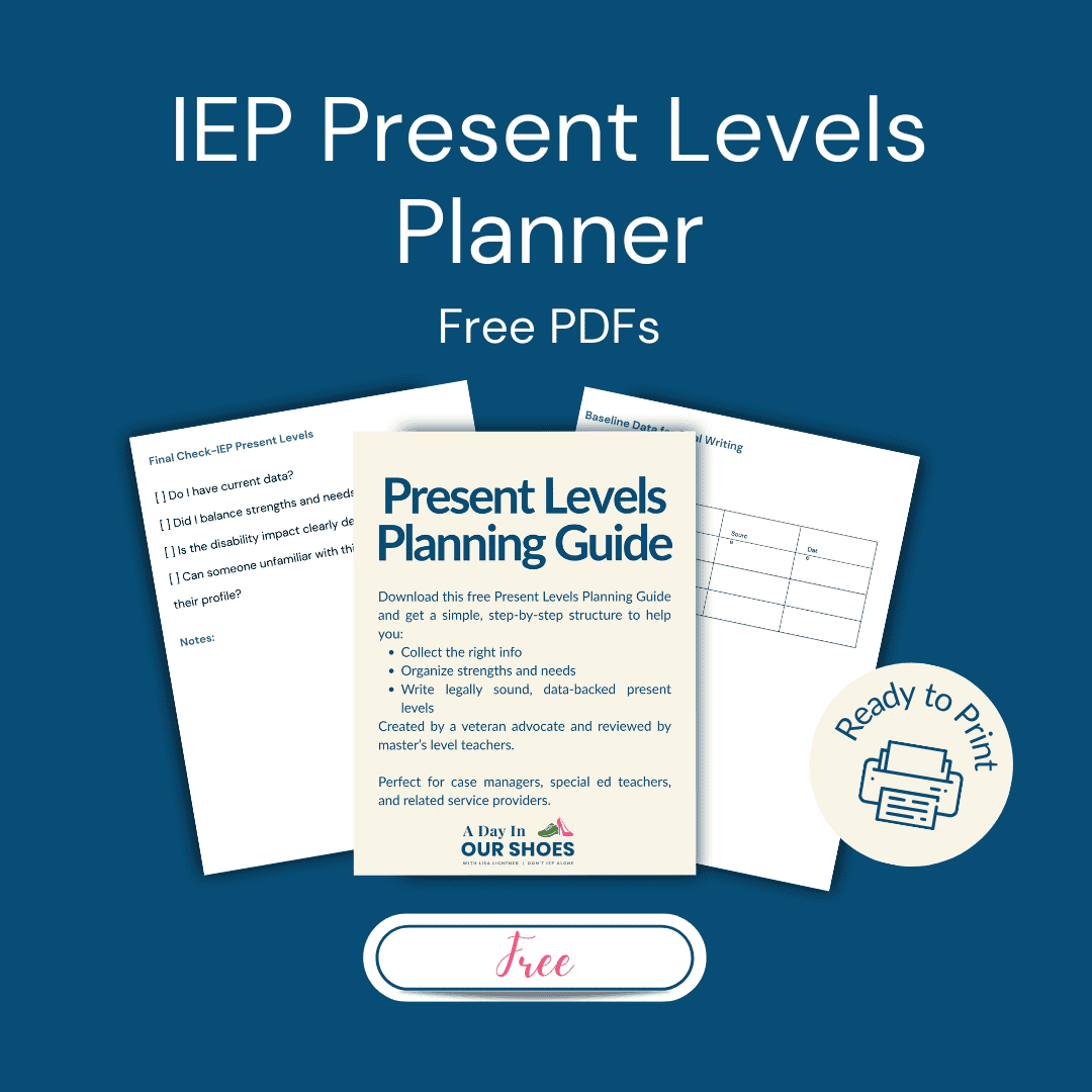 Image featuring the iep present levels planner, offering free pdf planning guides and worksheets designed for case managers and special education teams. Includes a "ready to print" badge for easy use.
