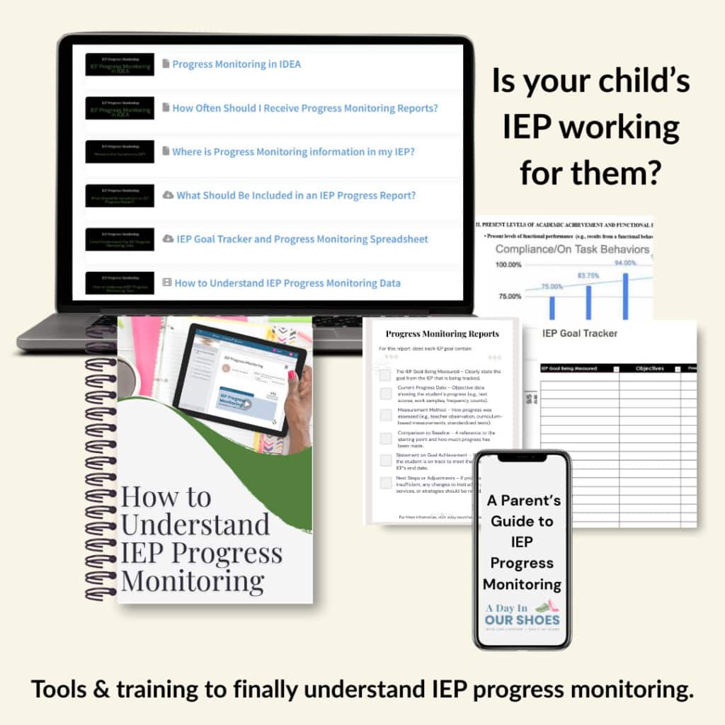 A collection of digital and printed resources for understanding IEP progress monitoring, including a laptop, worksheets, a spiral-bound guide, and a smartphone guide.