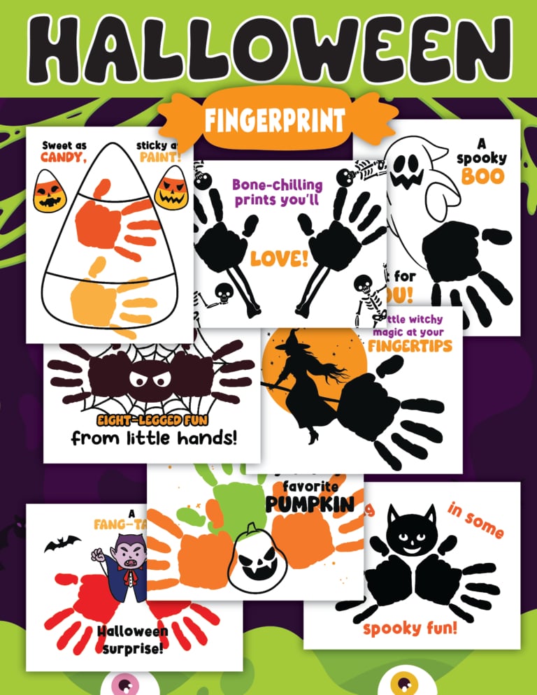 A halloween-themed poster showcases fun handprint art and fingerprint craft ideas for kids, featuring ghosts, pumpkins, cats, and other festive characters on brightly colored backgrounds.