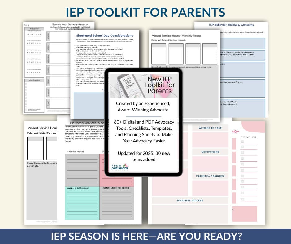 Image of an IEP Toolkit for Parents, featuring checklists, templates, and planning sheets for advocacy, displayed with sample pages and a central text box highlighting new 2025 updates.