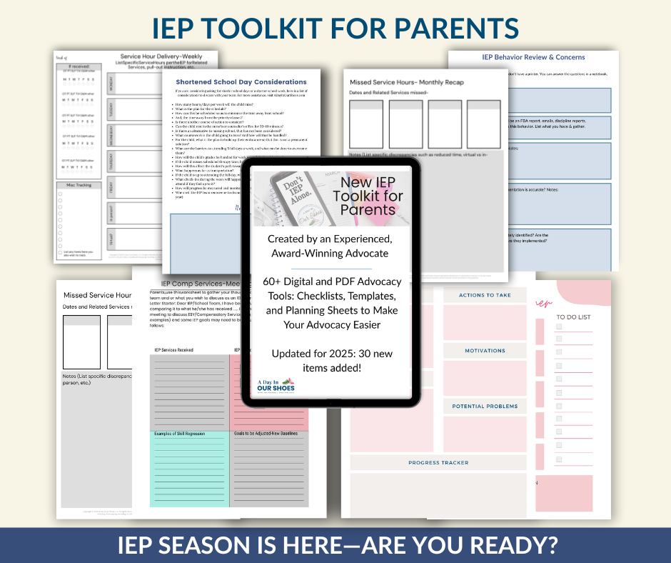 Image of an iep toolkit for parents, featuring checklists, templates, and planning sheets for advocacy, displayed with sample pages and a central text box highlighting new 2025 updates.