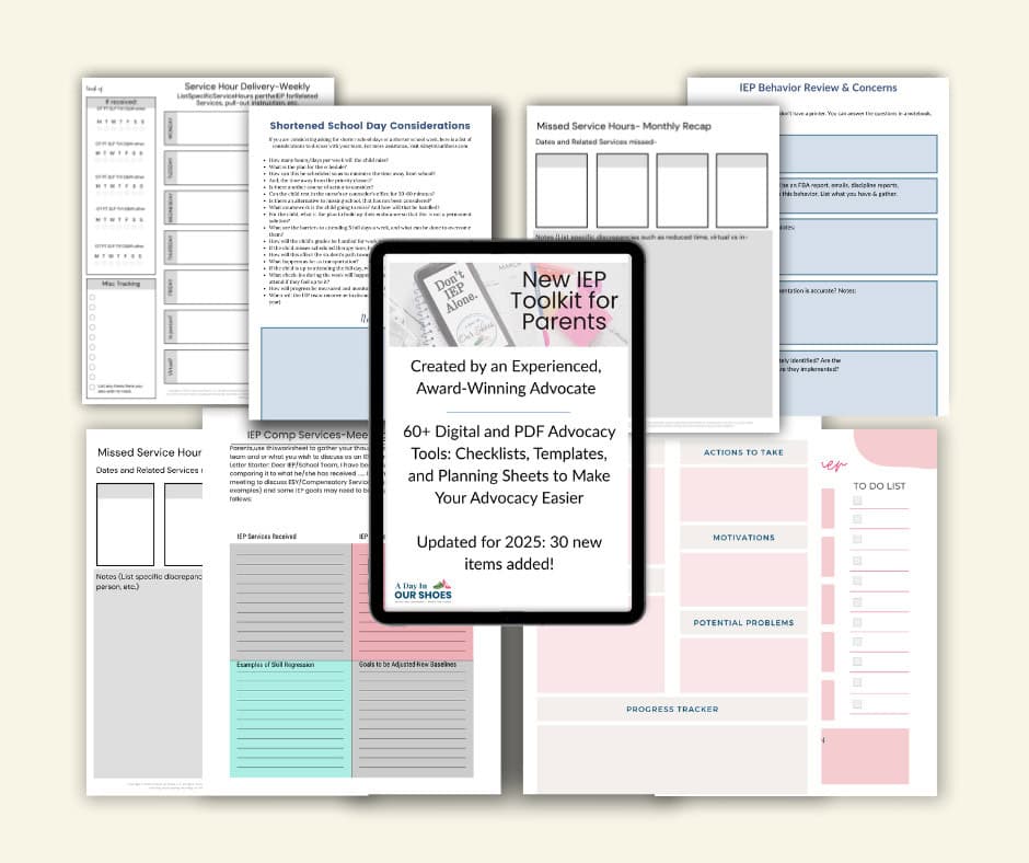 A display of advocacy planning templates, checklists, and forms for parents, titled "New IEP Toolkit for Parents," with over 60 digital and PDF sheets shown.
