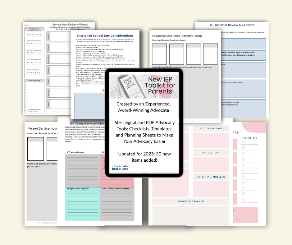 A display of advocacy planning templates, checklists, and forms for parents, titled "new iep toolkit for parents," with over 60 digital and pdf sheets shown.